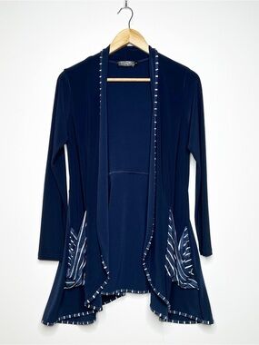 Sympli Navy Blue Jersey Open Front Draped Cardigan Stripe Trim Size 4